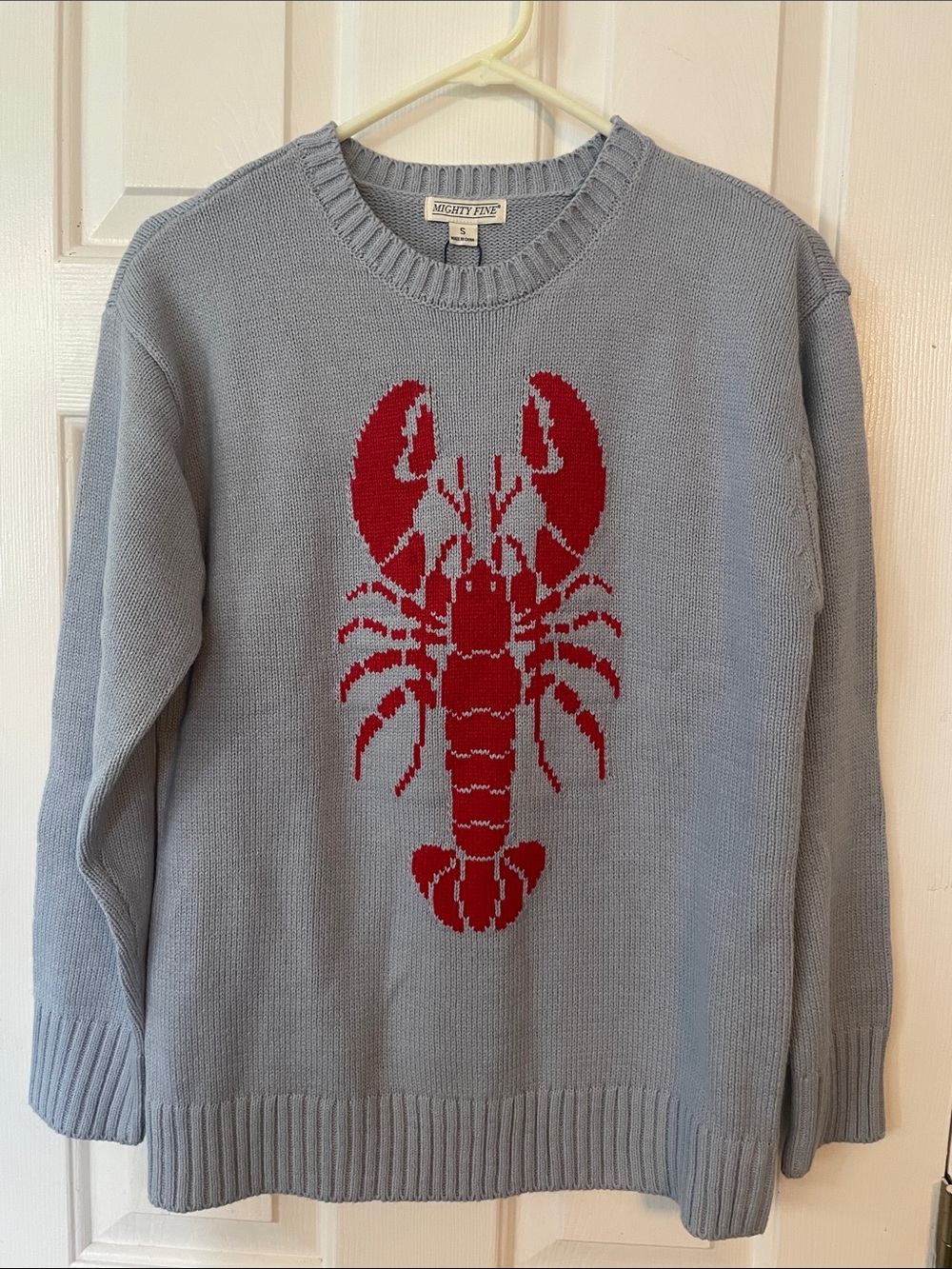 Mighty Fine Light Blue Crewneck Sweater with Red Lobster Motif